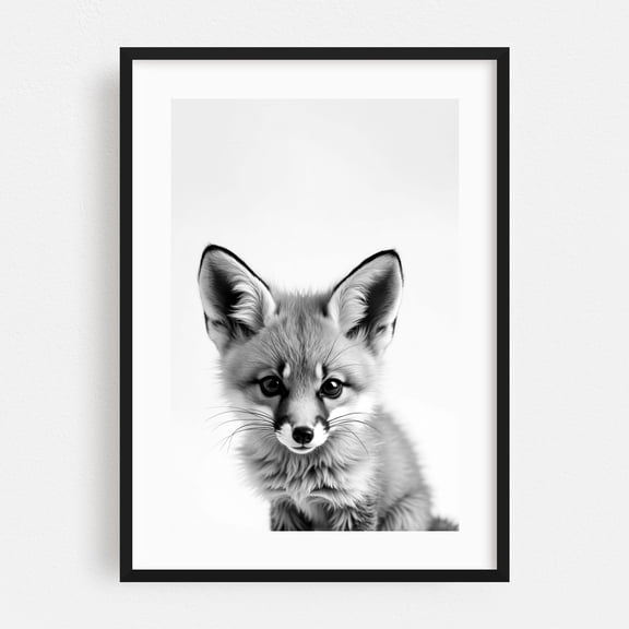 Baby Fo - Photography Fox Wildlife Black and White Animal Nature Portrait Minimalist Black Framed Wall Art Print 12 x 18 inches