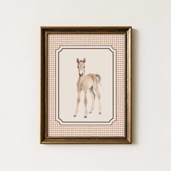 Baby Foal Nursery Print, Rustic Farm Horse Wall Art, Gingham Brown Baby Room Decor, Western Nursery Print, Horse Art Home Decor #153, Unframed Canvas Size 12x18