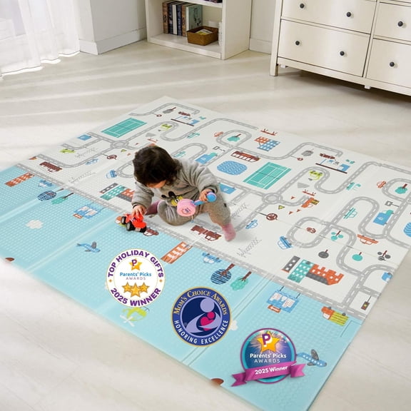Bammax Extra Large 78" x 70" x 0.4" XPE Foam Baby Play Mat with Travel Bag | Waterproof, Foldable & Reversible Padded Playmat | Baby Crawling & Kids Play Mat – Giftable Design, Cars & Fire Engine