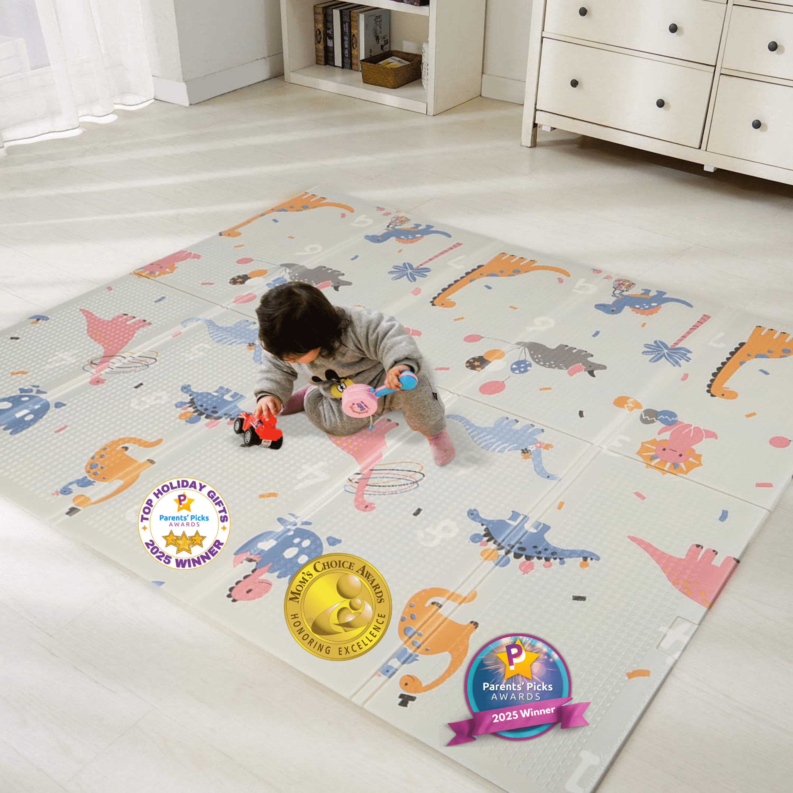 Bammax Extra Large 78" x 70" x 0.4" XPE Foam Baby Play Mat with Travel Bag | Waterproof, Foldable & Reversible Padded Playmat | Baby Crawling & Kids Play Mat – Giftable Design, Dinosaurs & Safari