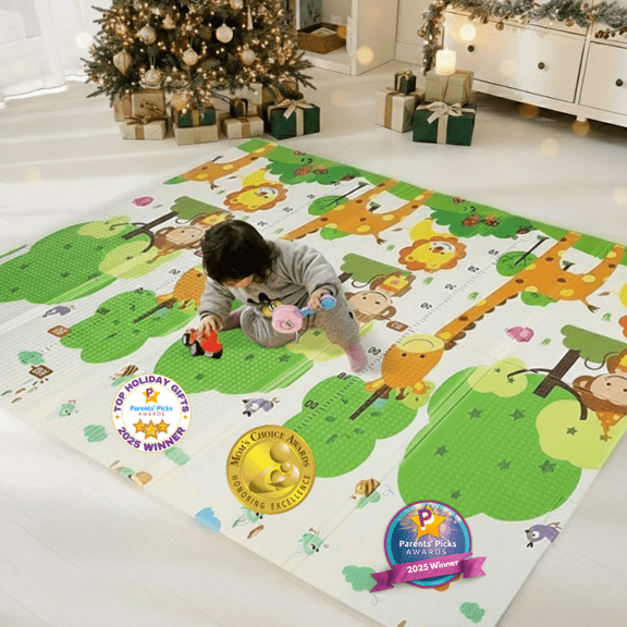 Bammax Extra Large 78" x 70" x 0.4" XPE Foam Baby Play Mat with Travel Bag | Waterproof, Foldable & Reversible Padded Playmat | Baby Crawling & Kids Play Mat – Giftable Design, Giraffe & Mixed Animal