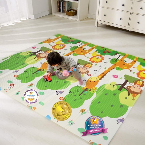 Bammax Extra Large 78" x 70" x 0.4" XPE Foam Baby Play Mat with Travel Bag | Waterproof, Foldable & Reversible Padded Playmat | Baby Crawling & Kids Play Mat – Giftable Design, Giraffe & Mixed Animal