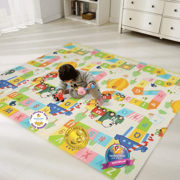 Bammax Extra Large 78" x 70" x 0.4" XPE Foam Baby Play Mat with Travel Bag | Waterproof, Foldable & Reversible Padded Playmat | Baby Crawling & Kids Play Mat – Giftable Design, Maze & Bears