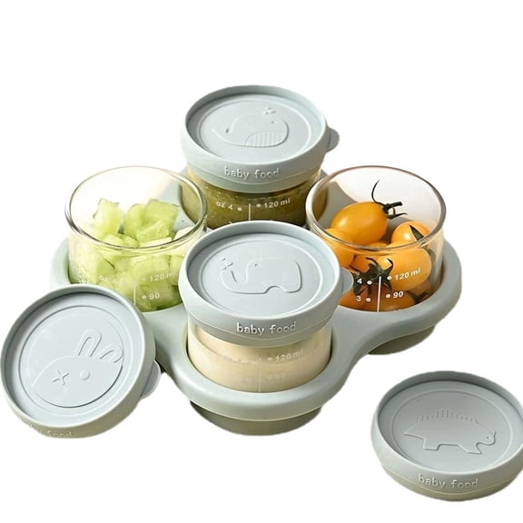 Glass Baby Food Containers, Baby Food Containers Glass Set, Baby Food Storage Containers Glass with Silicone Lids and Tray, 4 Pack 120ml Leakproof Baby Food Jars, Microwave Freezer Safe, Blue