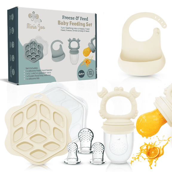 Minie Joo Baby Fruit Feeder, Adjustable Bib, and Breastmilk Popsicle Molds for Teething Relief-3 Pacifier Sizes (Beige)