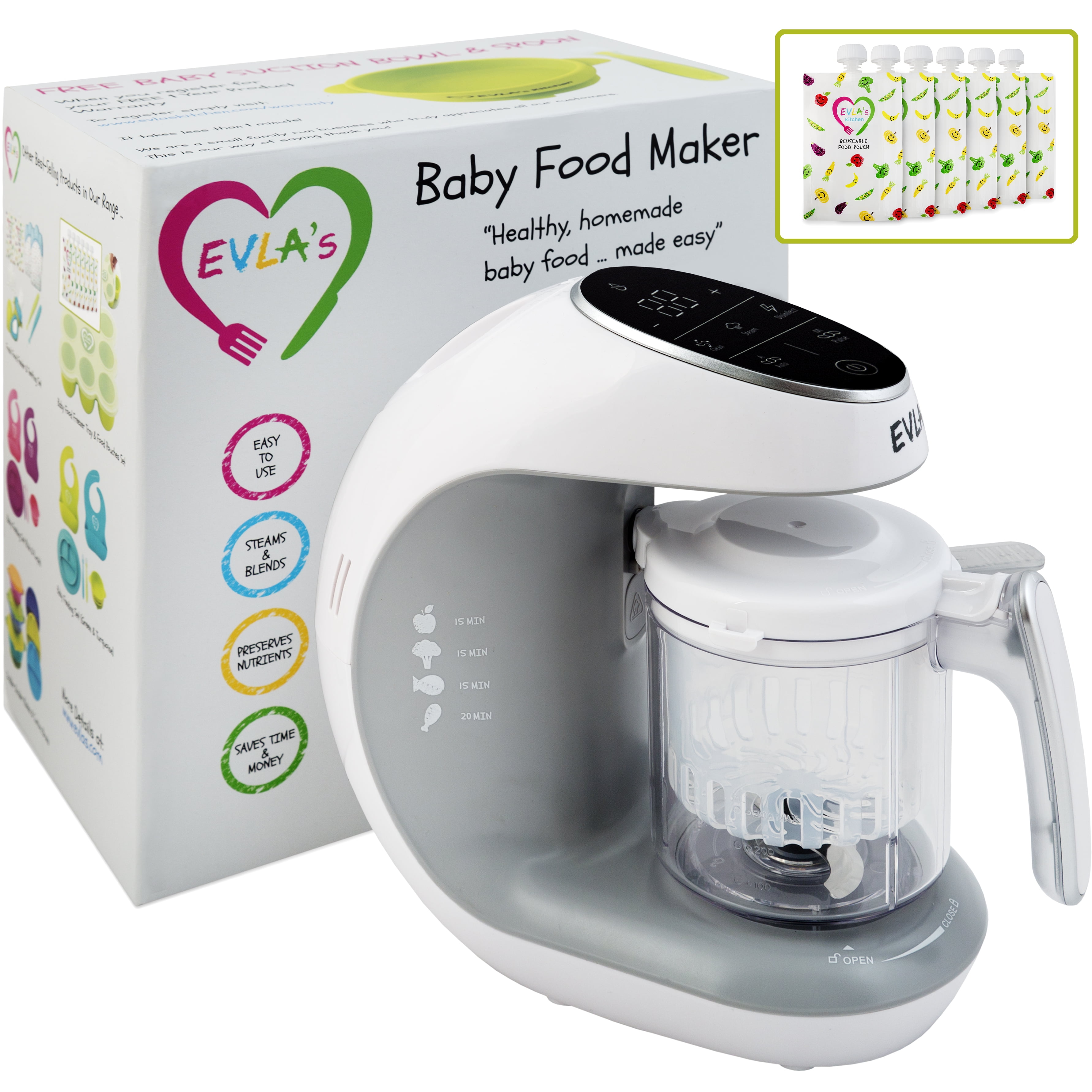 Baby Food Maker , Baby Food Processor Blender Grinder Steamer , Cooks &  Blends Healthy Homemade Baby Food in Minutes , Self Cleans , Touch Screen  Control , 6 Reusable Food Pouches Peach 