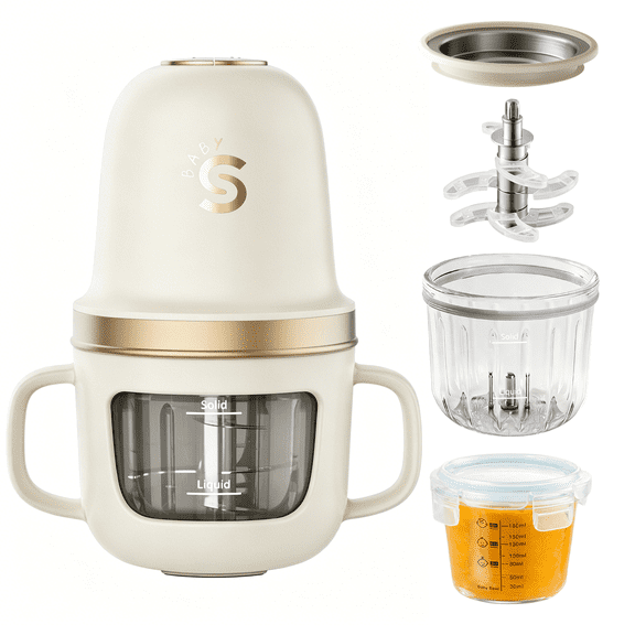 Baby Food Maker, SosekiBaby FM02 Baby Food Processor Set with Glass Bowl & 316L Stainless Steel Blades ,Baby Food Blender for Baby Puree, Meat, Vegatable,2-Speed Control, BPA-Free,Ivory