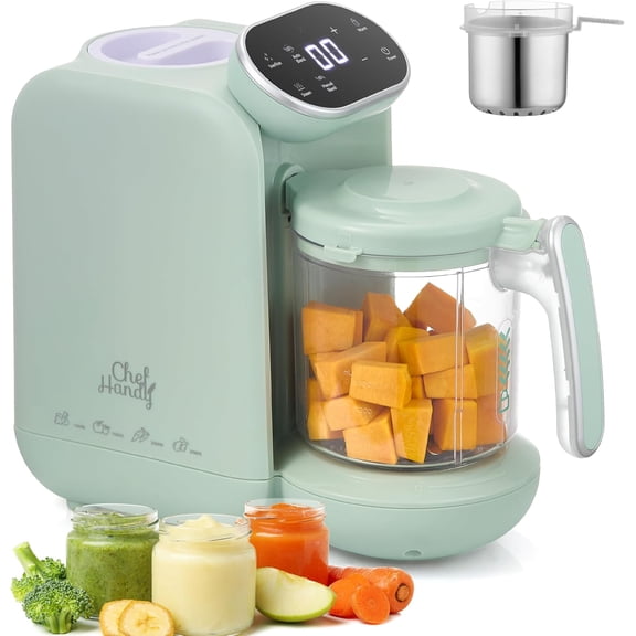 Baby Food Maker with Stainless Steel Steam Basket, 5-in-1 Processor, Steamer & Blender, Auto Cooking, Pureeing, Reheating Cleaning, BPA-Free, 6 Reusable Pouches, Green