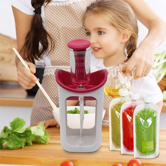 Baby Food Puree Maker Station with 10 Reusable Pouches, ABS Non-Slip Base, Portable Fruit and Vegetable Squeezer for Fresh Snack Storage, Red/Blue
