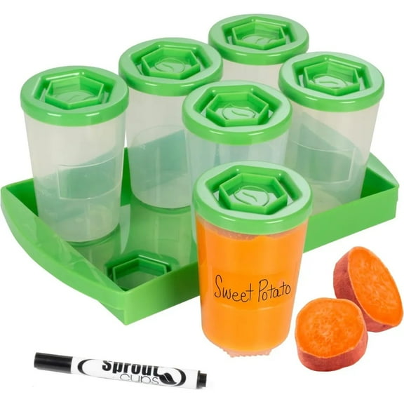 Baby Food Storage Containers w Write What You Want Lids (6 Pk) - 4oz Reusable, Stackable, Leak Proof Plastic Jars w Tray- Freezer, Microwave & Dishwasher Safe - BPA/PVC Free - Green
