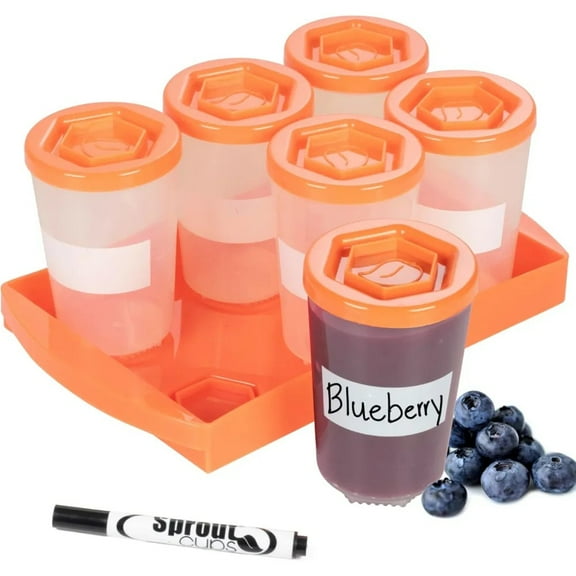 Baby Food Storage Containers w Write What You Want Lids (6 Pk) - 4oz Reusable, Stackable, Leak Proof Plastic Jars w Tray - Freezer, Microwave & Dishwasher Safe - BPA/PVC Free - Orange