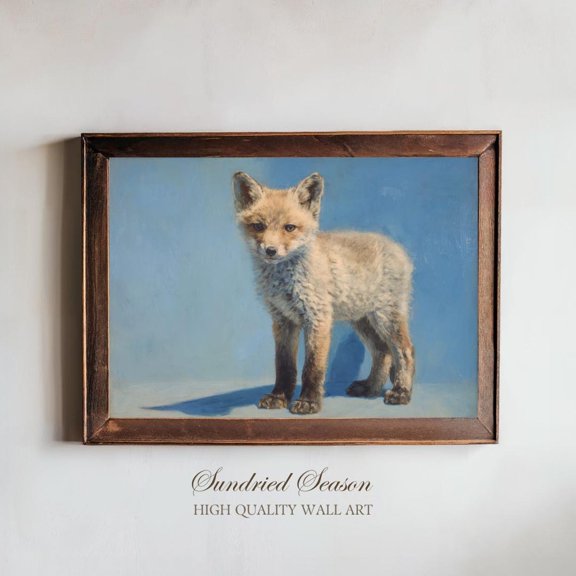 Baby Fox Art Woodland Animal Soft Blue Background Whimsical Wildlife Decor, Unframed Canvas 8x10in