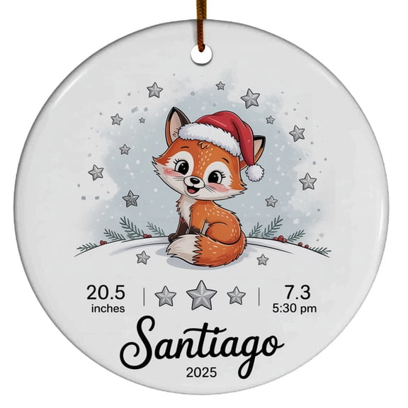 Baby Fox First Christmas Ceramic Ornament 2025, Cute Fox Christmas Ornament Gift for Baby's 1st, Customized Baby Name Birth Stats & Birthday Keepsake Christmas Ornament