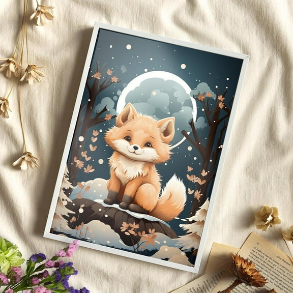 Baby Fox Forest Wall Art, Botanical Nursery Animal Decor, Unframed Canvas Size 8x12