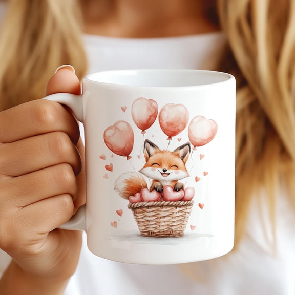 Baby Fox Valentine's Day Gift, Fox Lover Mug, Heart Balloons Coffee Cup, Cute Animal Tea Mug, Fox in Basket, Gift for her