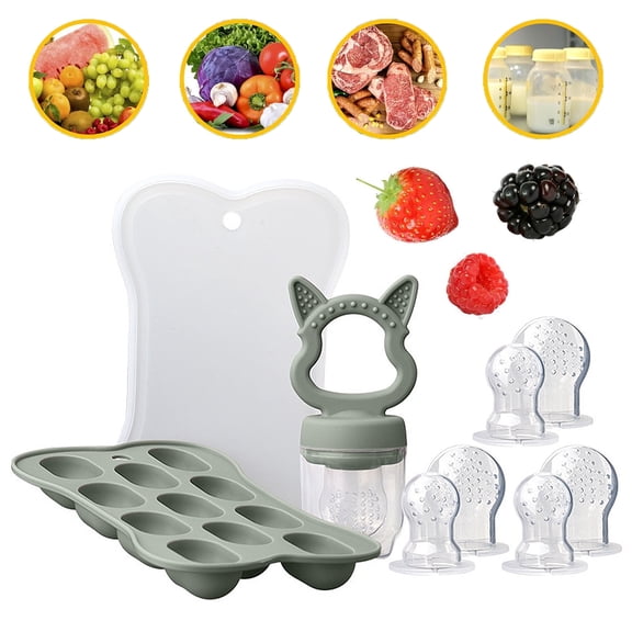 Silicone Baby Fruit Feeder & Freezer Tray Set, Food Feeder Pacifier with Breastmilk Popsicle Mold for Teething Relief & Self Feeding, Baby Eating Essentials Infant Teething Toy, 3 Pacifier Sizes, Gre