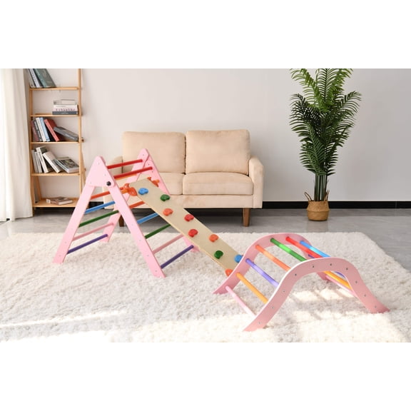 Baby Furniture, Gardenia Pikler Triangle Set Montessori Toddler Climbing Toys Indoor, Foldable Climbing Toys for Toddlers 1-3 Inside, 2 Piece Baby Climbing Gym Indoor Playground, Pink