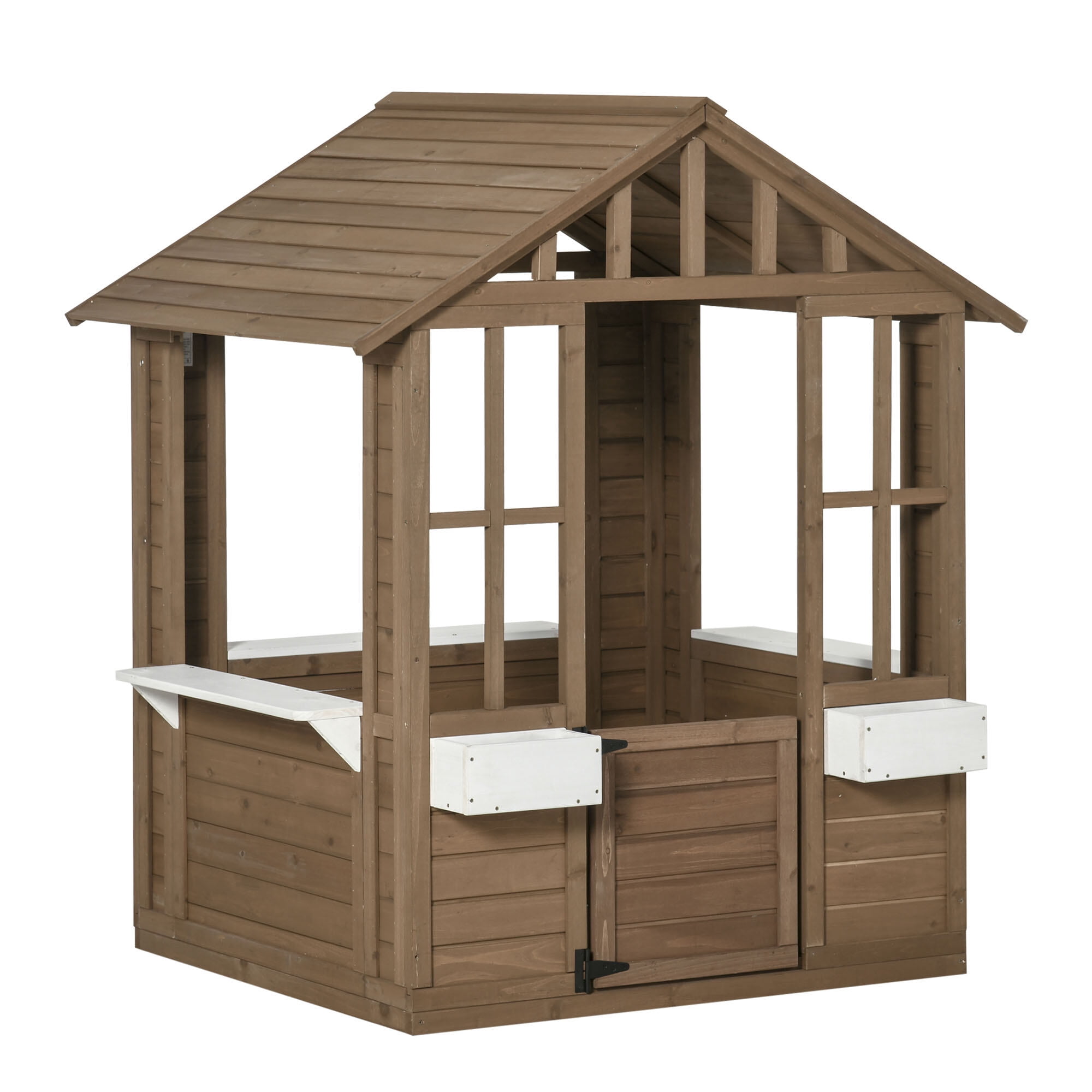 Baby Furniture, Kids Wooden Playhouse, Outdoor Garden Games Cottage, with Working Door, Windows, Flowers Pot Holder, 47" x 38" x 54", Brown Kids Furniture,Wood Kids Furniture