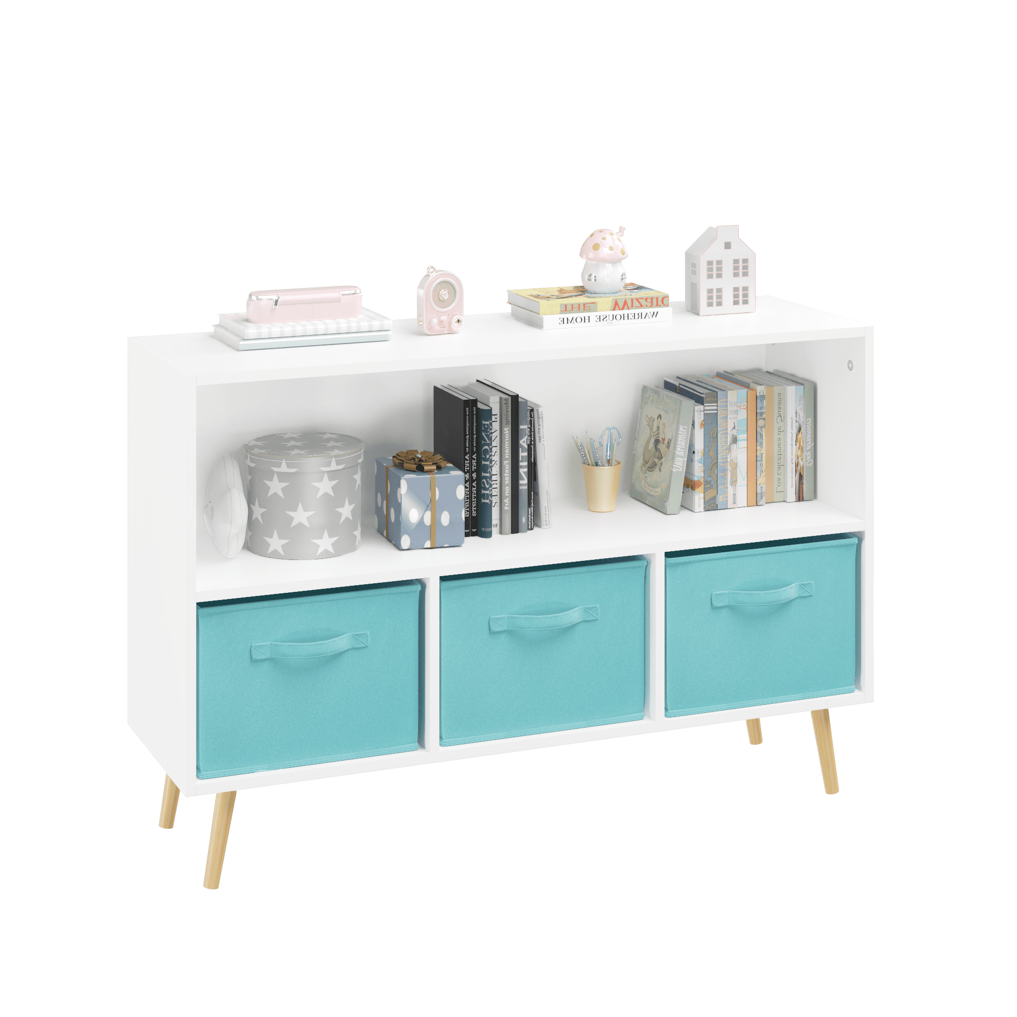 Baby Furniture, Kids bookcase with Collapsible Fabric Drawers, Children's Book Display, Toy Storage Cabinet Organizer, White/Blue, White+Blue Kids Furniture,Mdf Kids Furniture