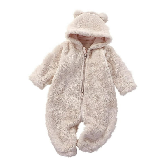 Baby Furry Jumpsuit Infant Bear Onesies Zipper Long Sleeve One-Piece Romper Hoodie Baby Outwear Snowsuit Beige 0-3 Months