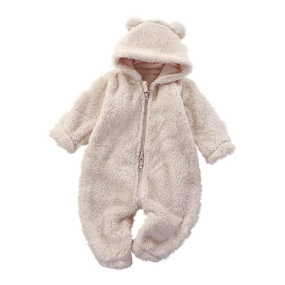 Baby Furry Jumpsuit Infant Bear Onesies Zipper Long Sleeve One-Piece Romper Hoodie Baby Outwear Snowsuit Beige 12-18 Months