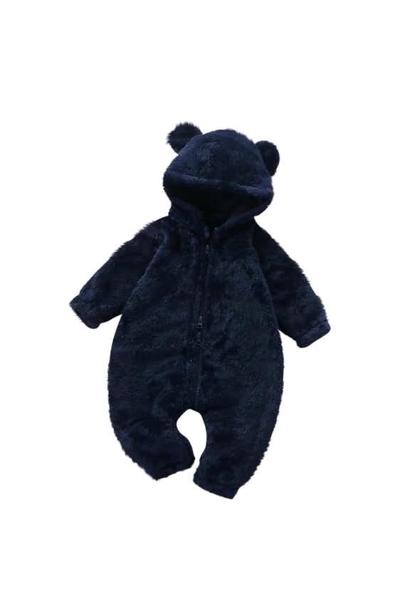 Baby Furry Jumpsuit Infant Bear Onesies Zipper Long Sleeve One-Piece Romper Hoodie Baby Outwear Snowsuit Navy 12-18 Months