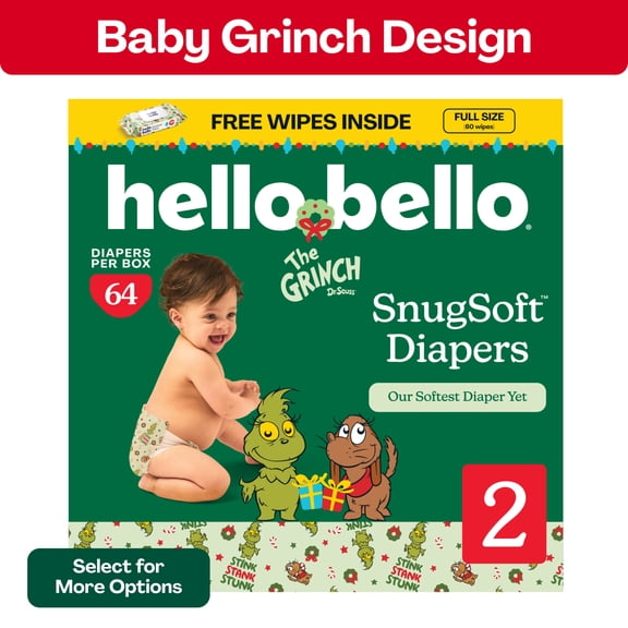 Hello Bello Premium Baby Grinch Diapers Club Box with Bonus Wipes - Size 2, 64 Count