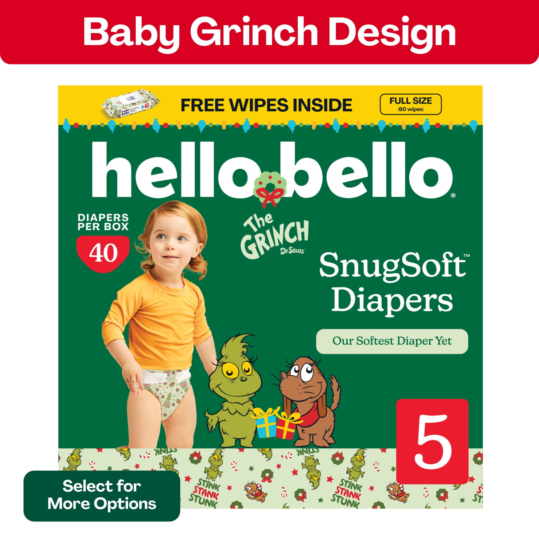 Hello Bello Premium Baby Grinch Diapers Club Box with Bonus Wipes - Size 5, 40 Count