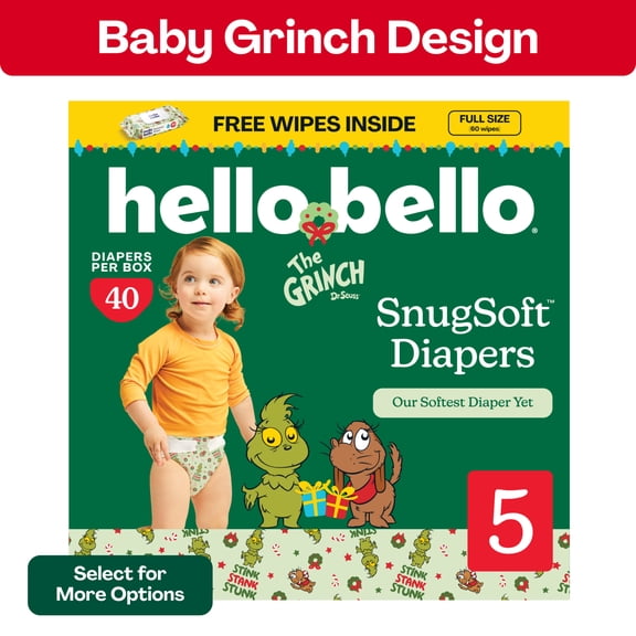 Hello Bello Premium Baby Grinch Diapers Club Box with Bonus Wipes - Size 5, 40 Count