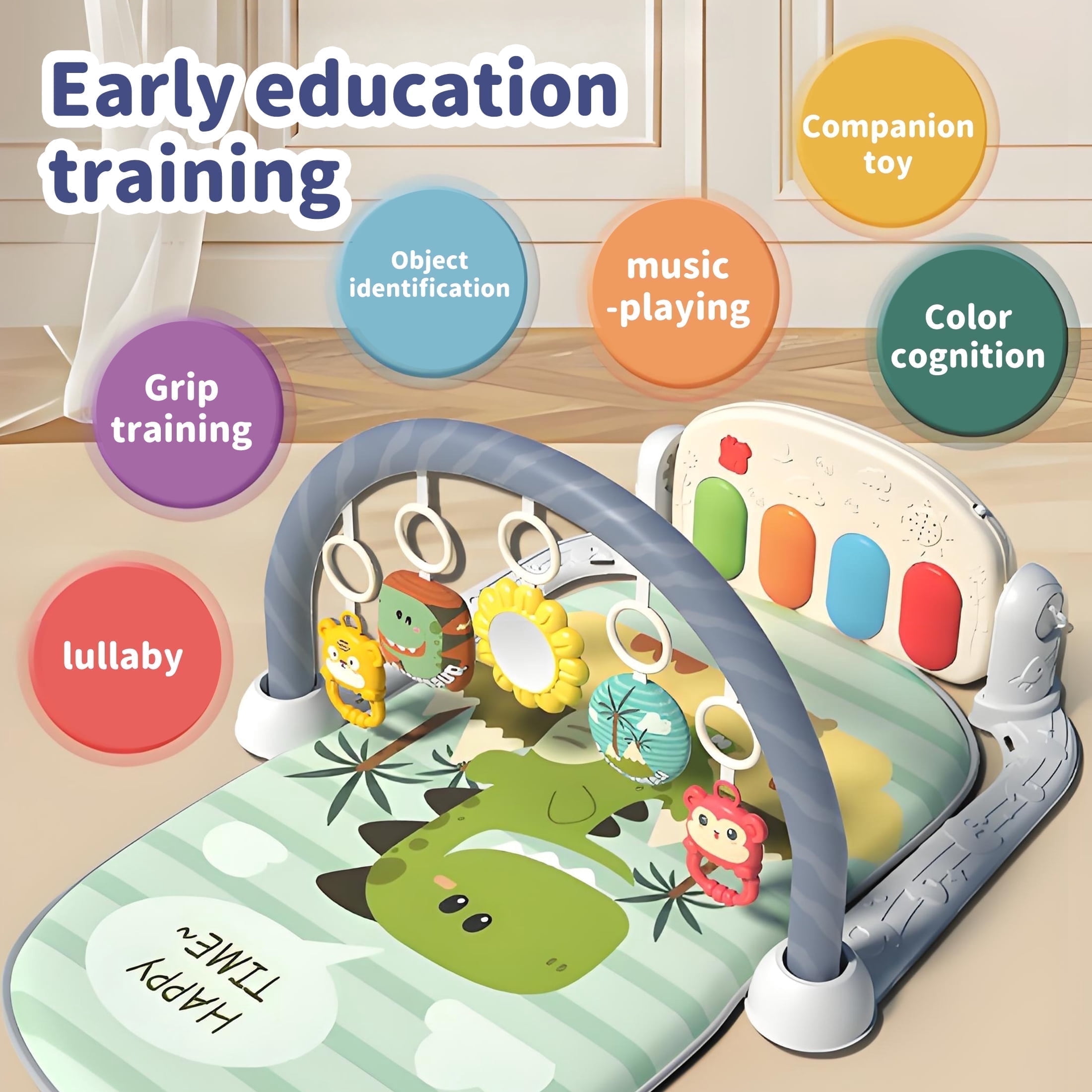 KOPPOP Baby Play Mat with Piano Toys, Tummy Time Activity Gym for Infants 0-12 Months, Dinosaur Playmat Newborn Gift Boy Girl