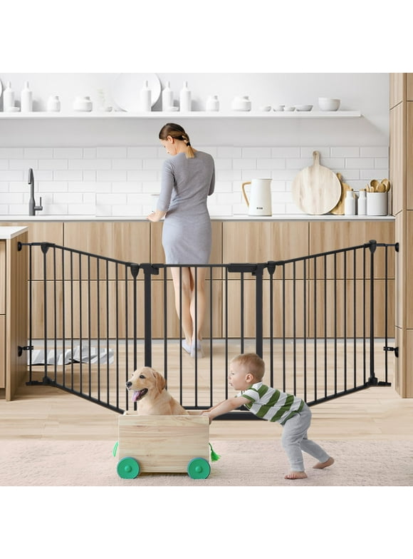 Baby Gate Baby Safety Gate 3Panels 80" Extra Wide Iron Gates for Doorway Kitchen Playard 0-3 years old, Black