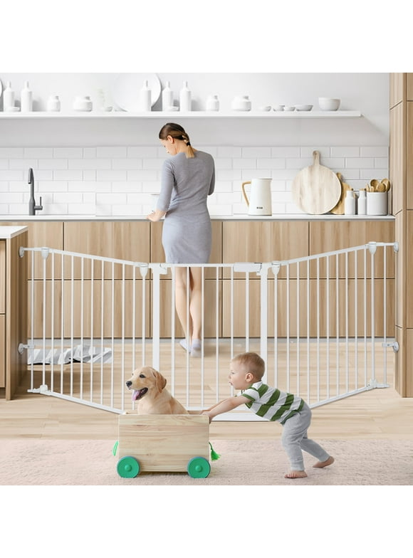 Baby Gate Baby Safety Gate 3Panels 80" Extra Wide Iron Gates for Doorway Kitchen Playard 0-3 years old, White