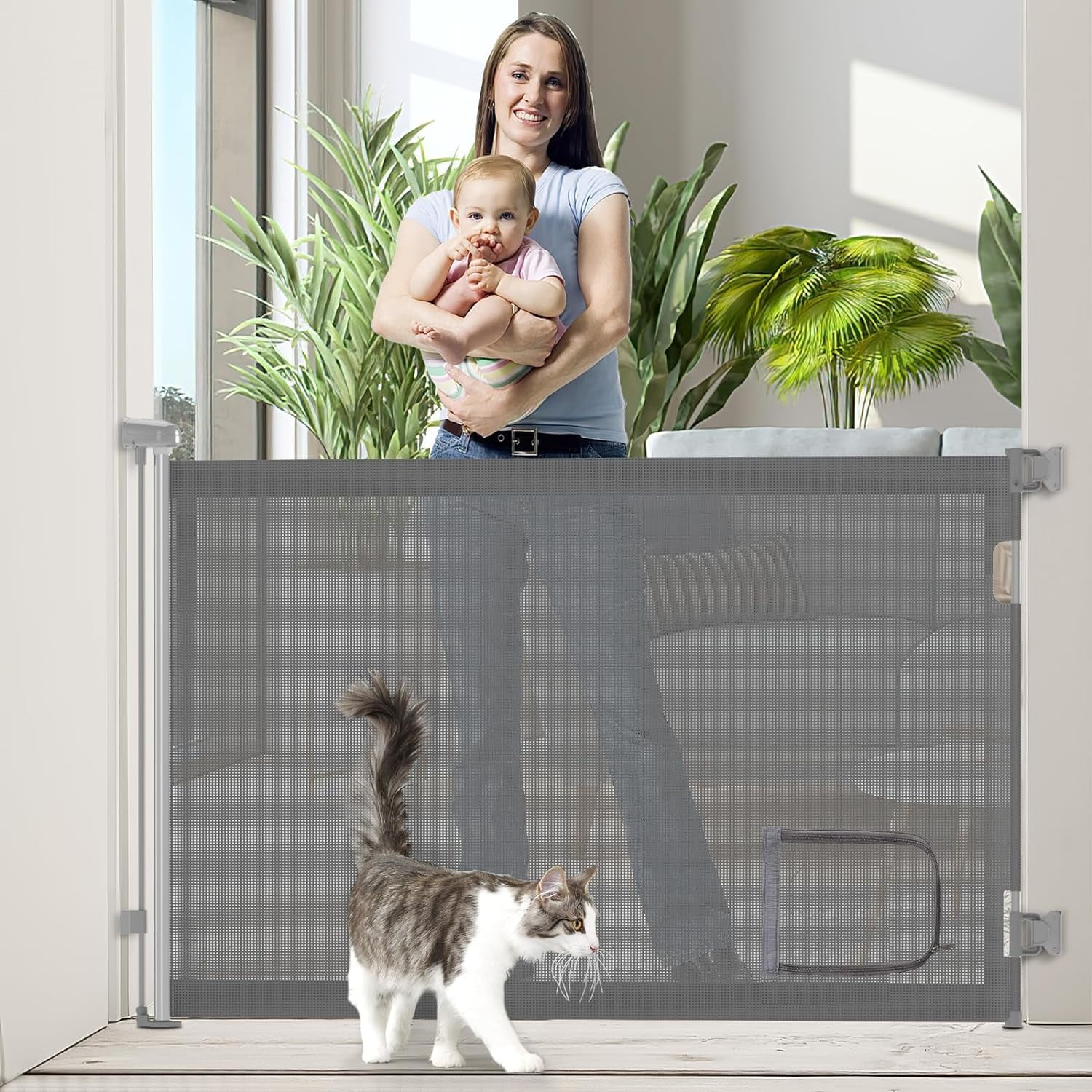 Baby Gate with Cat Door, Retractable Baby Gates for Stairs, 33" Tall