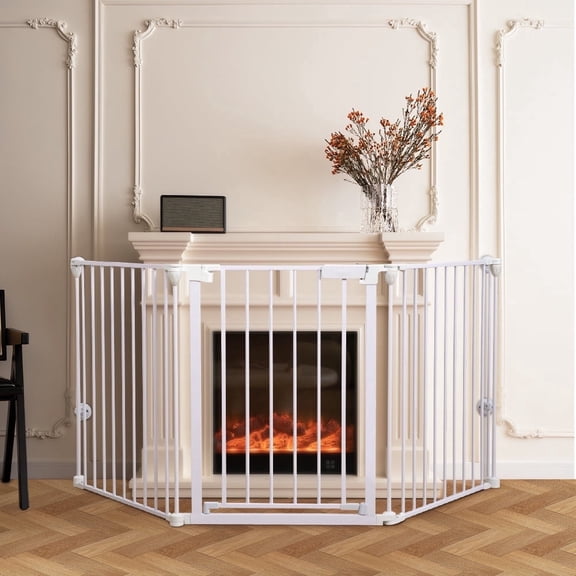 Pet Safety Gate, Caveen 3Panels 80" Extra Wide Iron Gates for Doorway Kitchen Playard, White