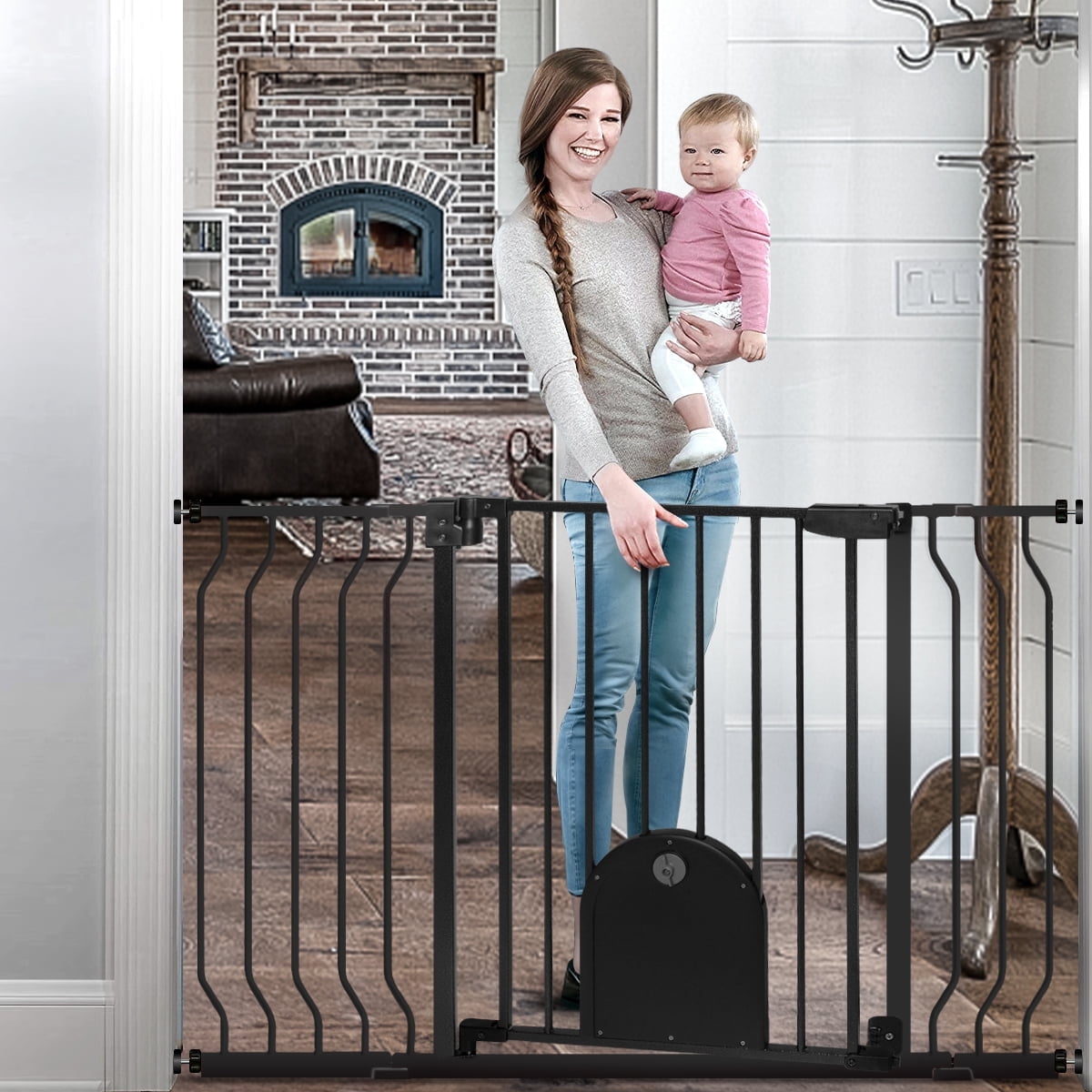 Costzon 34" Wide Baby Safety Gate - Extra Wide Walk-Through Gate With Easy Lock For Stairs & Doorways