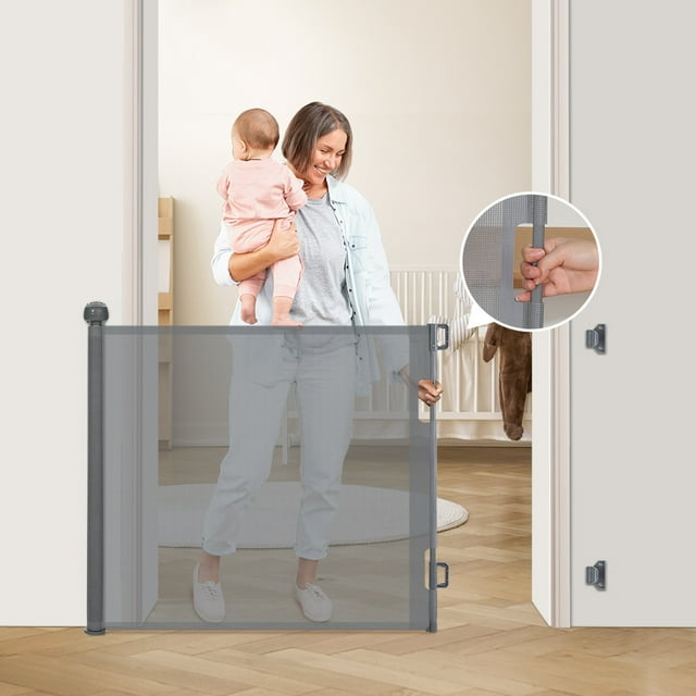 Baby Gates, Baby Safety Gate 34" x 71" Retractable Mesh Gate, Handware Mount,Gray