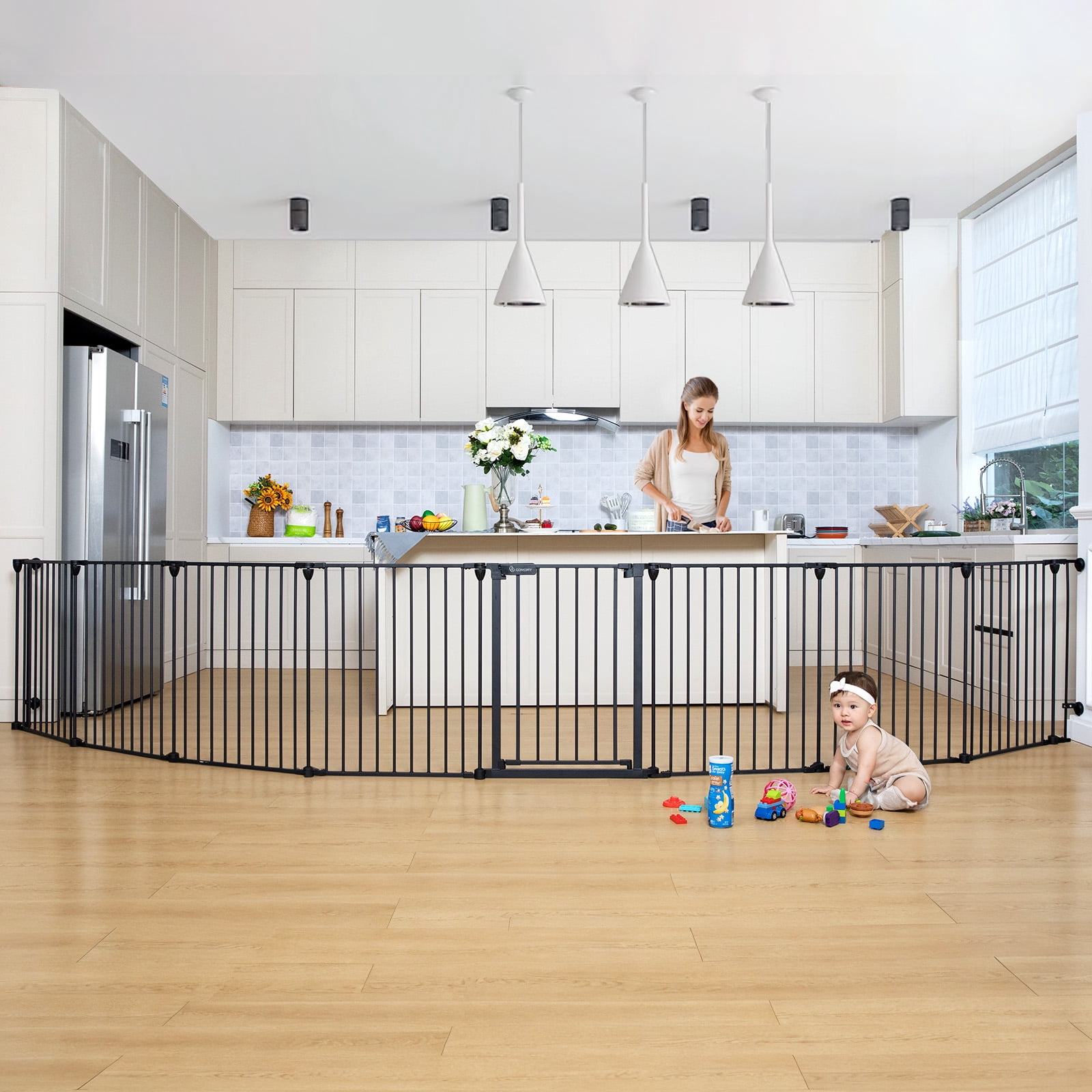 Baby Gates, Caveen 8Panel 198" Extra Wide 30" Tall Baby Gates Fireplace Fence Toddler Playard, Black