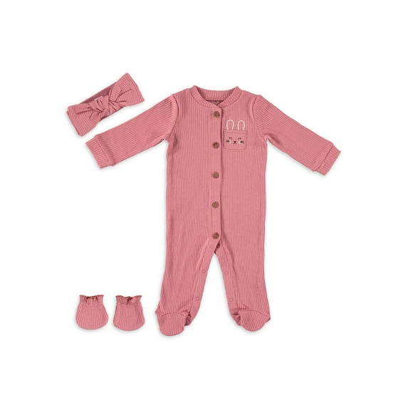 Baby Gear Baby Girl 3 PC Footed Coverall Set, Sizes Newborn-9 Months