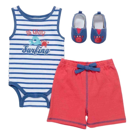 Baby Gear Infant Boys 3 Piece Big Kahuna Surfing Bodysuit Red Shorts & Shoes 3-6m