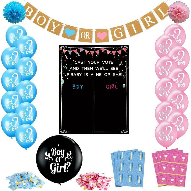 Baby Gender Reveal Decoration Set, Gender Reveal Party Poster Games with 54  Boy or Girl Voting Stickers, 26 Gender Reveal Party Supplies with Black,  Pink, Blue Balloon, Baby Shower Banner, Confetti 
