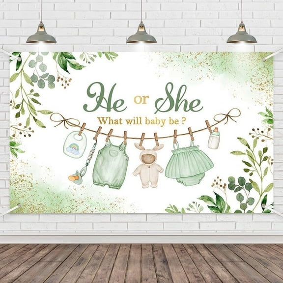 Baby Gender Reveal Decorations Backdrop Banner Ideas Gifts Boy or Girl He or She What Will it be Green Leaves Decor Party Supplies Favors Sign Photography Background 70.8x43.3 Inch