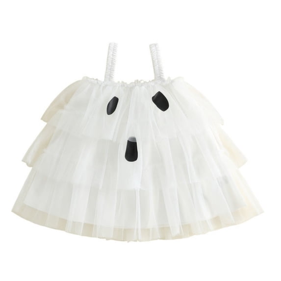 Baby Ghost Face Mesh Layered Tulle Tutu Dress with Ruffle Straps for Halloween Party 6M-4 Y