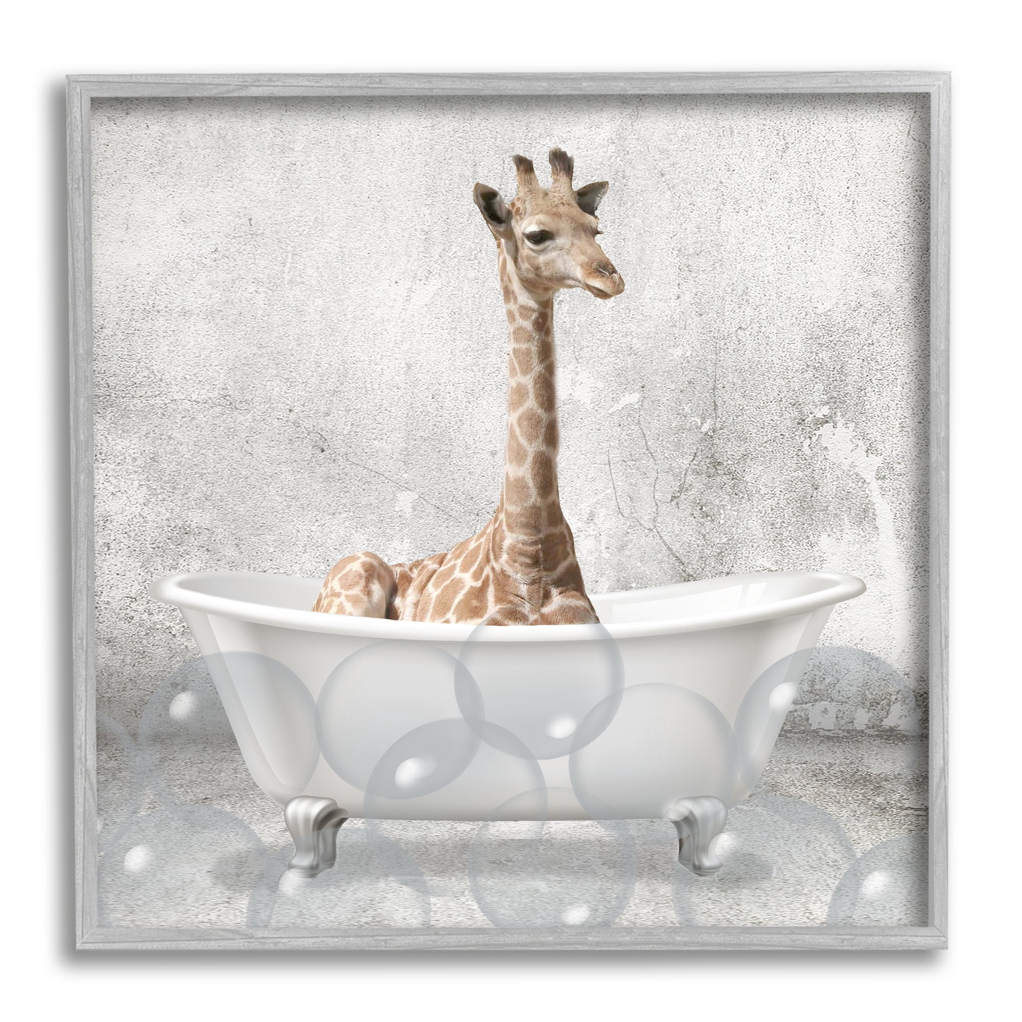 Baby Giraffe Bath Time Cute Animal Design Animals & Insects Framed Art Print Wall Art, 17x17