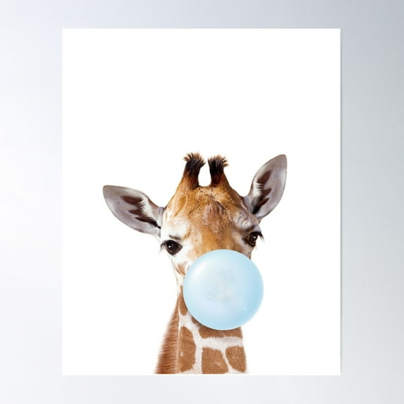 Baby Giraffe Blowing Blue Bubble Gum, Baby Boy, Kids, Nursery, Baby Animals Art Print By Synplus Poster Wall Art, Modern Wall Decor For Living Room Bedroom, 24x36 UNFRAMED