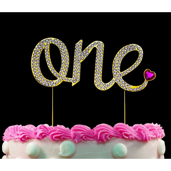 Baby Girl 1st Birthday Gold One Cake Topper with Pink Heart