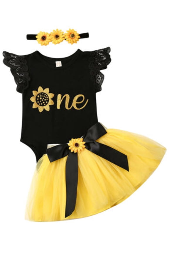 Baby Girl 1st Birthday Outfit Party Dresses Sunflower Romper Cake Smash Tutu Skirt Sundress Clothes