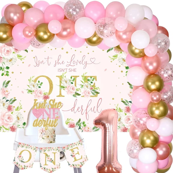 Baby Girl 1st Floral Birthday Decorations, Isn't She Lovely Isn't She Onederful Boho Floral Backdrop Pink, Rose Balloon Garland Arch One Highchair Banner for Baby Girls 1st Birthday Party