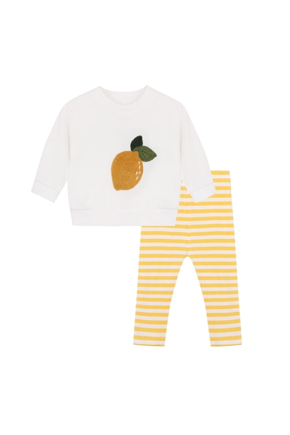 Baby Girl 2-Piece Outfit: White Lemon Embroidery Ribbed Top + Yellow Striped Leggings (0-24M)