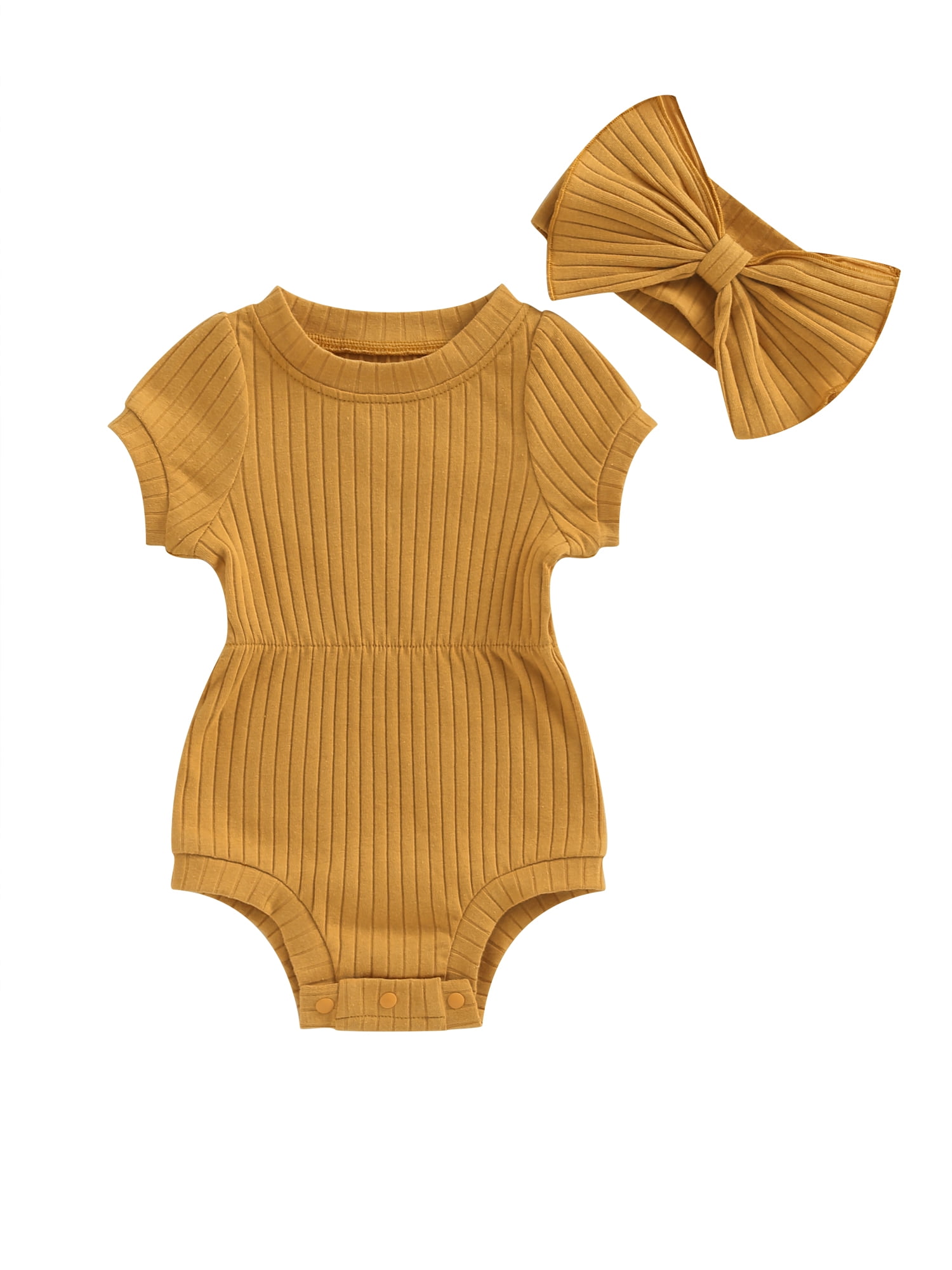 Baby Girl 2 Piece Outfits Short Sleeve Romper with Bow Headband