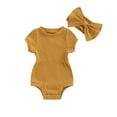 thumbnail image 1 of Baby Girl 2 Piece Outfits Solid Color Short Sleeve Romper with Bow Headband Set Summer Clothes, 1 of 10